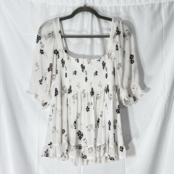 Free People Delta Dawn Floral Mesh Smocked Top M half Sleeve Boho Peasant Blouse - Picture 2 of 5